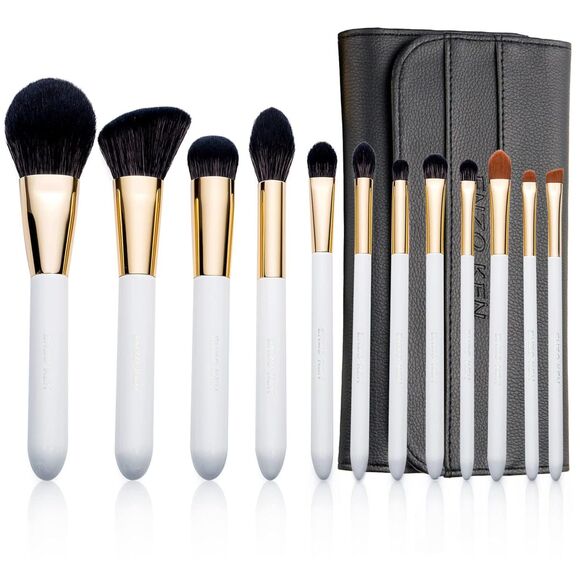 White Professional Natural Bristle Black Hair Makeup Brushes Set With Case - Picture 1 of 5
